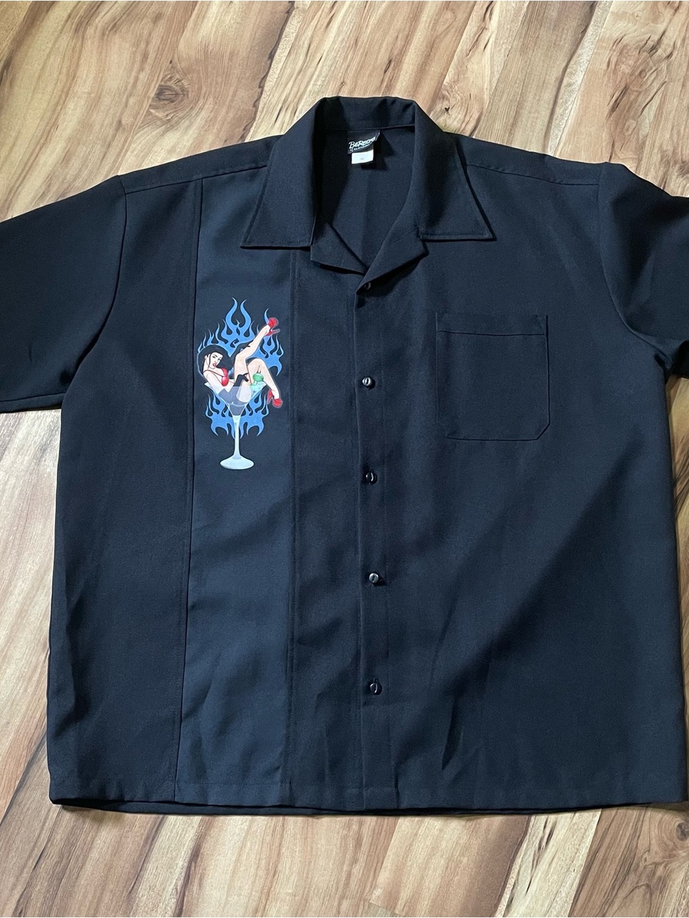 BeRetro Black Flaming Martini Pin-Up Girl Rockabilly Bowling Shirt Sz 2X